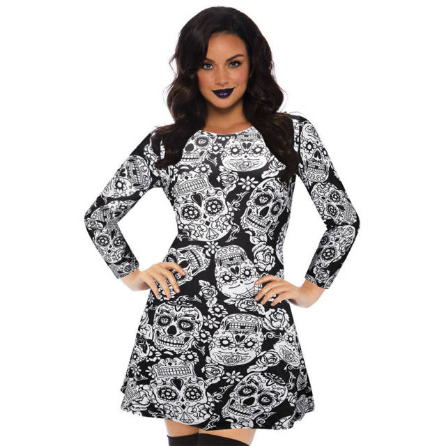 Fashion Printed Streetwear Halloween Crew Neck Mini Dress PQX037