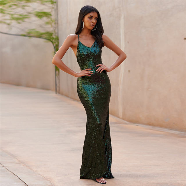 Deep V-neck Evening Dress for Women Sexy Sequin Party Dresses PQH2028C