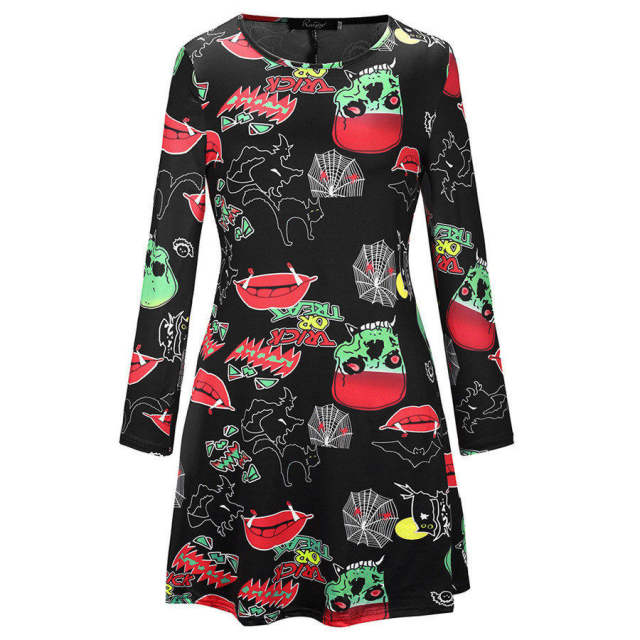 Fashion Printed Streetwear Halloween Crew Neck Mini Dress PQX037