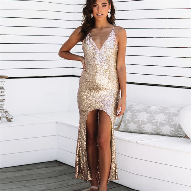 Women Evening Dress For Party Spaghetti Strap Split Sequin Dresses PQH2009A