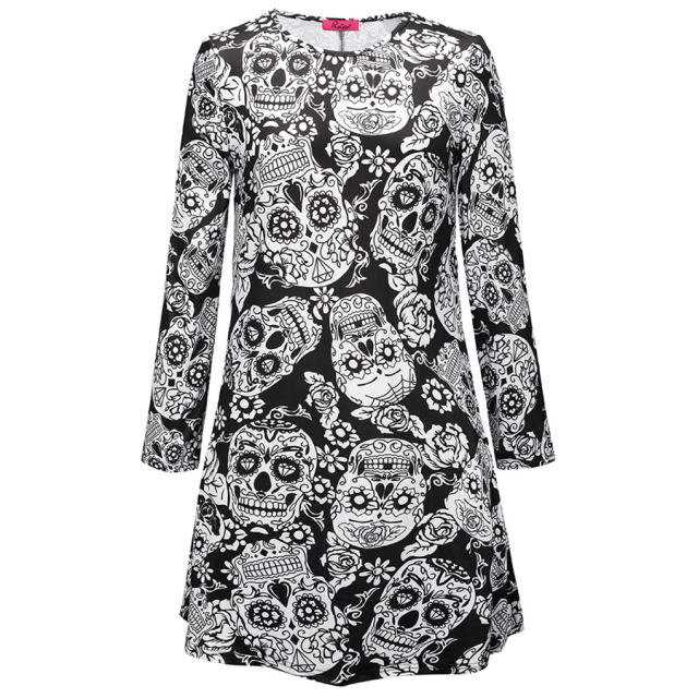 Fashion Printed Streetwear Halloween Crew Neck Mini Dress PQX037
