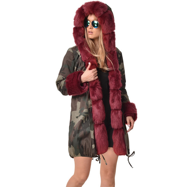 Faux Fur Clothing Long Sleeve Trench Coats Camouflage Jacket PQ19D013