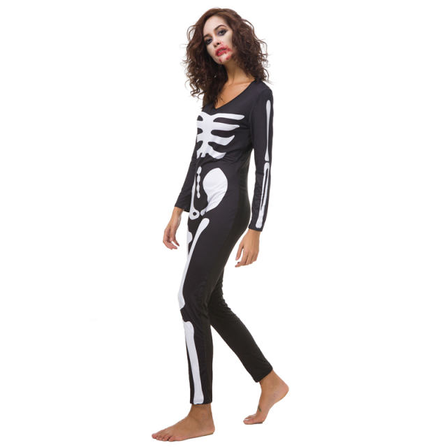 Halloween Skeleton Printed Jumpsuit Black Horror Ladies Bodysuit PQDD80837A