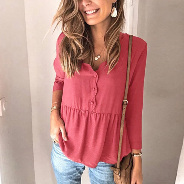 V-neck Tops for Women Fashion Solid Color Winter Shirt PQOM9152B