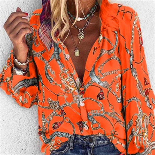 White Winter Floral Printed Tops Autumn Casual Shirt for Women PQOM9129E