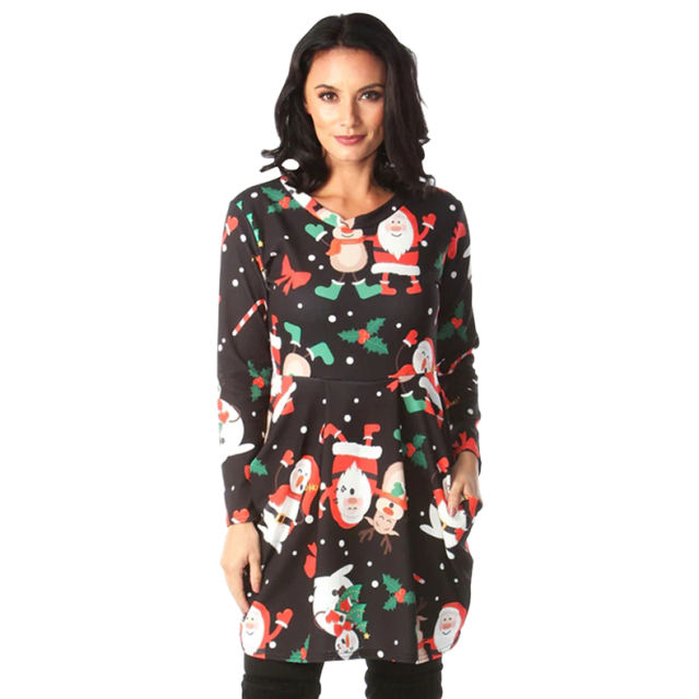 Red Christmas Print Dresses Long Sleeve Loose Casual Dress PQOM9128B