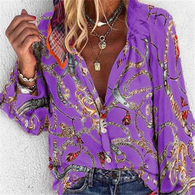 White Winter Floral Printed Tops Autumn Casual Shirt for Women PQOM9129E