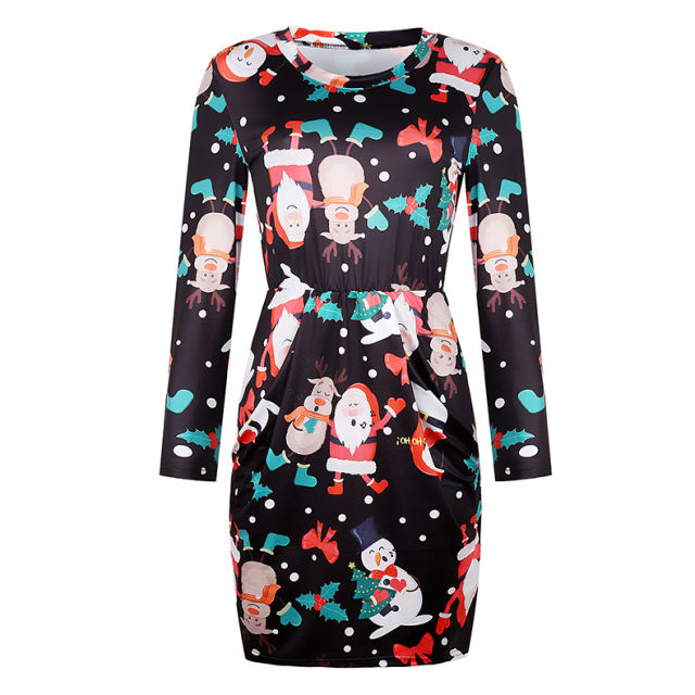 Red Christmas Print Dresses Long Sleeve Loose Casual Dress PQOM9128B