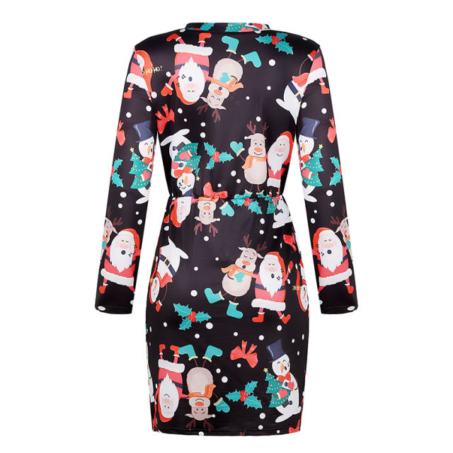 Red Christmas Print Dresses Long Sleeve Loose Casual Dress PQOM9128B