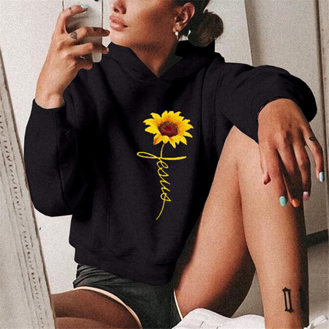 Autumn Printed Hooded Sweatshirt Loose Short Tops For Women PQOM9055G