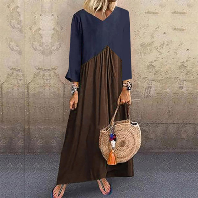 Contrast Color Streetwear For Women Long Sleeve Casual Maxi Dress PQOM9040D