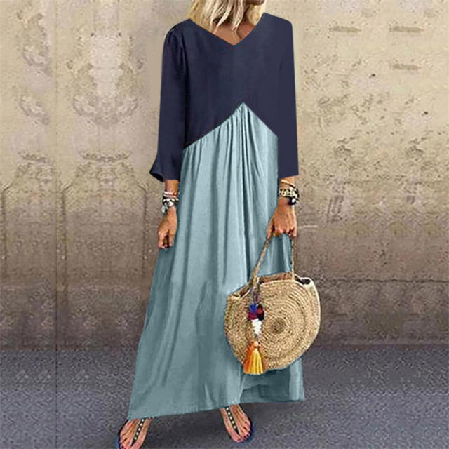 Long Sleeve Casual Streetwear Contrast Color Maxi Dress PQOM9040B