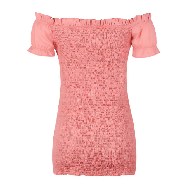 Sexy Pleated Bodycon Dress Pure Color Off-Shoulder Mini Dress PQOM9098B