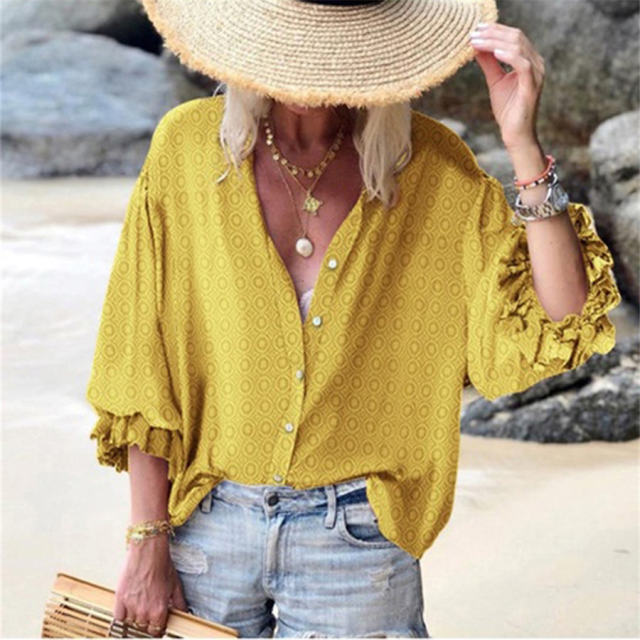 Autumn Polka Dot Printed Tops Loose Ruffle Sleeve Shirt PQOM9103D