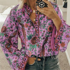 Yellow Autumn Long Sleeve Blouse Peacock Print Loose Shirt Plus Size Tops PQOM9070E