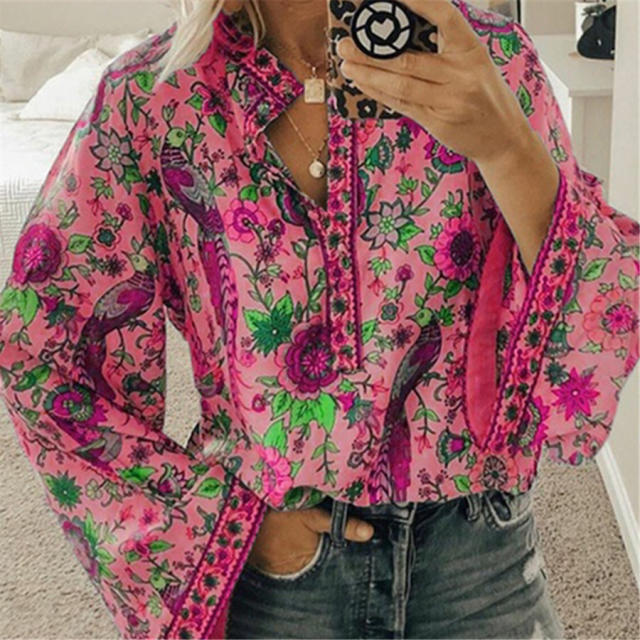Yellow Autumn Long Sleeve Blouse Peacock Print Loose Shirt Plus Size Tops PQOM9070E