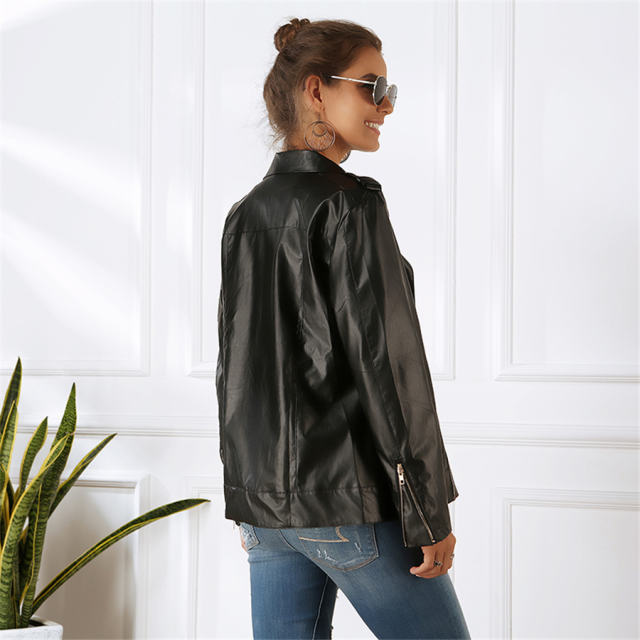 Long Sleeve PU Jacket Winter Faux Leather Coats with Zipper PQOM9072D