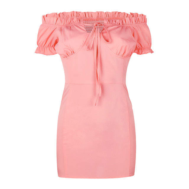Pure Color Off-Shoulder Mini Dress Sexy Pleated Bodycon Dress PQOM9098A