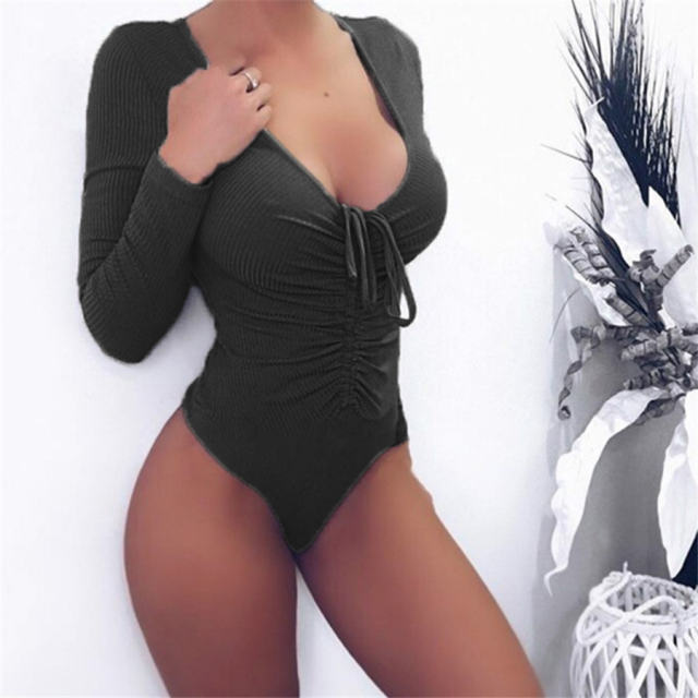 Long Sleeve One Piece Swimsuit Sexy Slim Drawstring Swimwear PQOM9081B