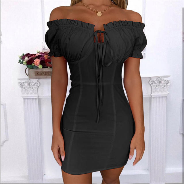 Sexy Pleated Bodycon Dress Pure Color Off-Shoulder Mini Dress PQOM9098B
