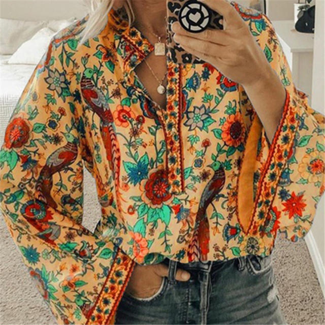 Yellow Autumn Long Sleeve Blouse Peacock Print Loose Shirt Plus Size Tops PQOM9070E