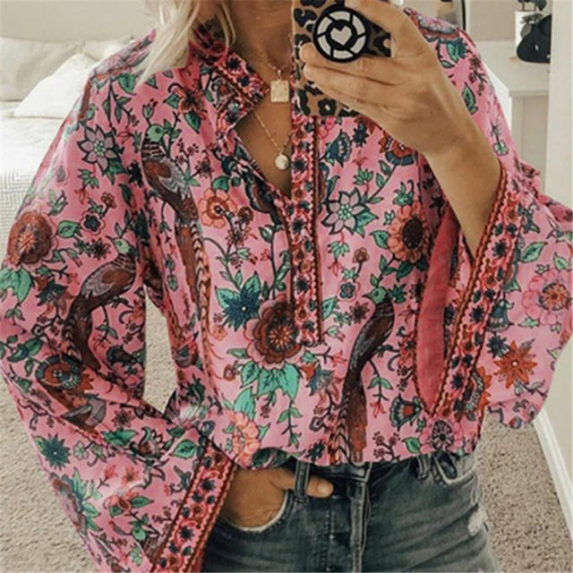 Yellow Autumn Long Sleeve Blouse Peacock Print Loose Shirt Plus Size Tops PQOM9070E