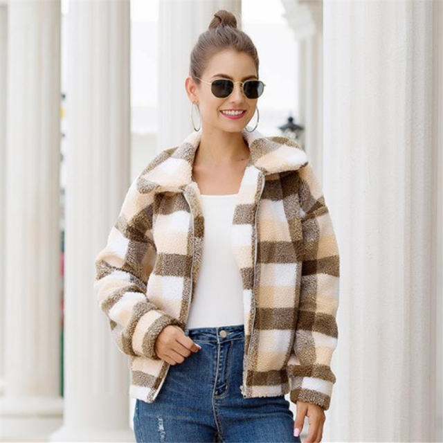 Plaid Wool Short Coat For Women Winter Fleece Coat PQOM9092D