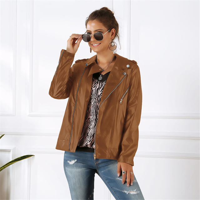 Long Sleeve PU Jacket Winter Faux Leather Coats with Zipper PQOM9072D
