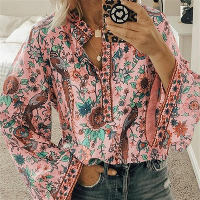 Dark Pink Long Sleeve Tops Plus Size Peacock Print Loose Shirt PQOM9070C