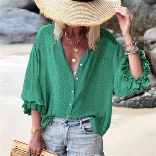 Loose Polka Dot Printed Shirt Long Ruffle Sleeve Tops PQOM9103B
