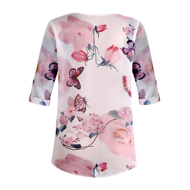 Chiffon Shirts for Women Plus Size V-neck Floral Print Tops PQOM9061C