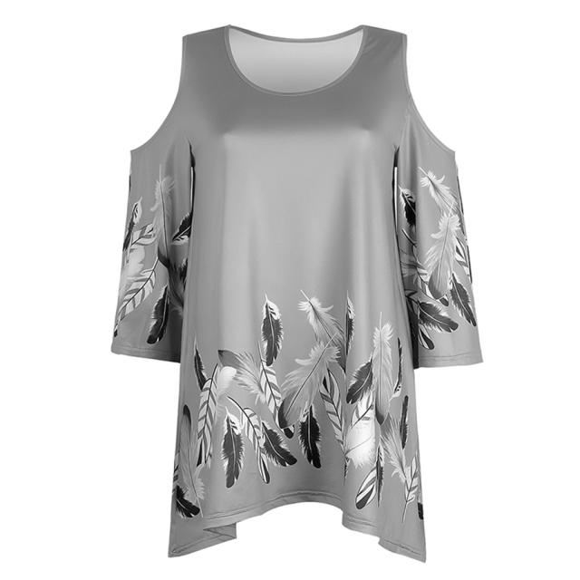 Loose Off-shoulder Tops Floral Printed Mid-length T-shirt for Women PQOM9069