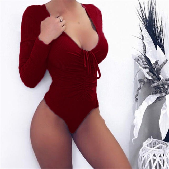 Long Sleeve One Piece Swimsuit Sexy Slim Drawstring Swimwear PQOM9081B