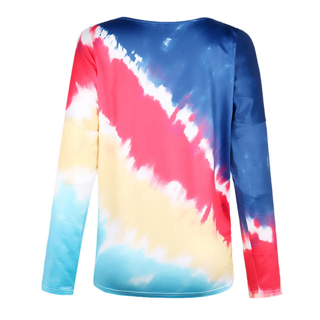 Contrast Color Loose Casual  T-shirt Tie-dye Printing Long-sleeved Tops PQOM9172