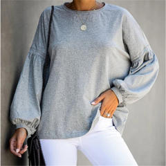 Long Puff Sleeve T-shirt For Women Round Neck Autumn Loose Tops PQOM9119B