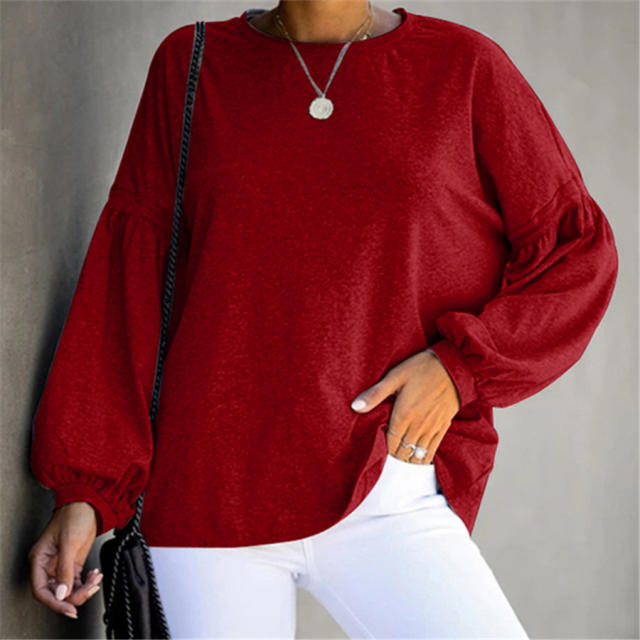 Long Puff Sleeve T-shirt For Women Round Neck Autumn Loose Tops PQOM9119B