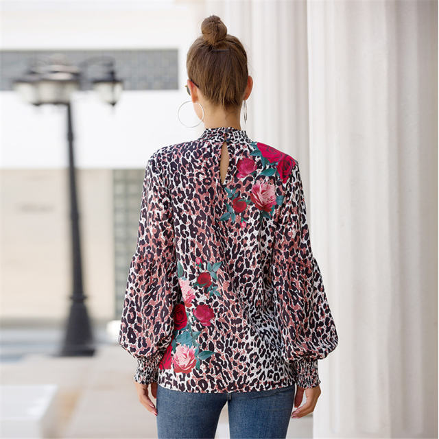 Stand Collar Printed Tops Lantern Sleeve Shirt For Women PQOM9100A