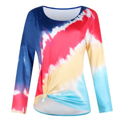 Contrast Color Loose Casual  T-shirt Tie-dye Printing Long-sleeved Tops PQOM9172