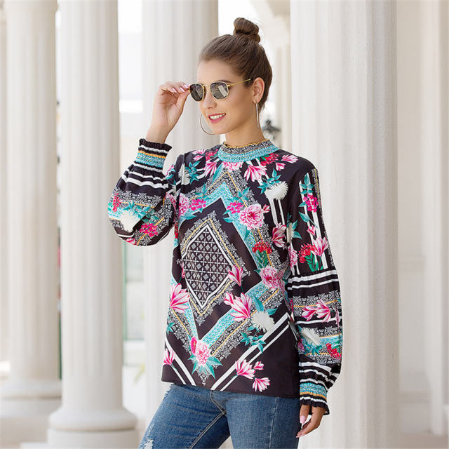 Stand Collar Printed Tops Lantern Sleeve Shirt For Women PQOM9100A