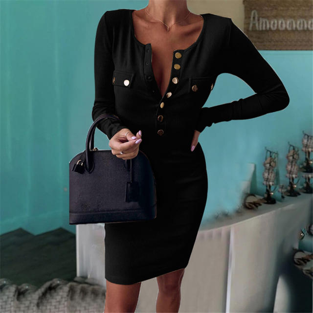 Sexy Bodycon Dresses Round Neck Long Sleeve Autumn Mini Dress PQOM9177B