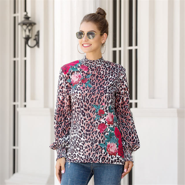Stand Collar Printed Tops Lantern Sleeve Shirt For Women PQOM9100A