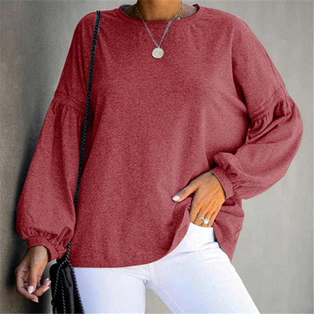 Long Puff Sleeve T-shirt For Women Round Neck Autumn Loose Tops PQOM9119B
