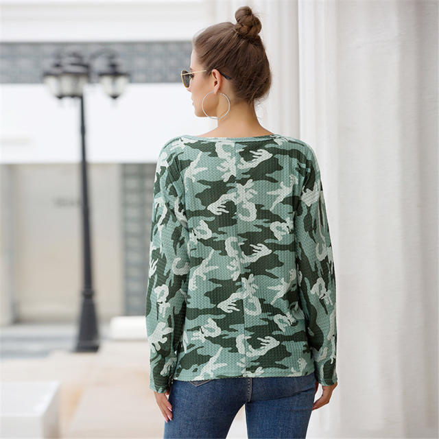 Long Sleeve Cardigan V-neck Tops Camouflage Printed Women T-shirt PQOM9116A