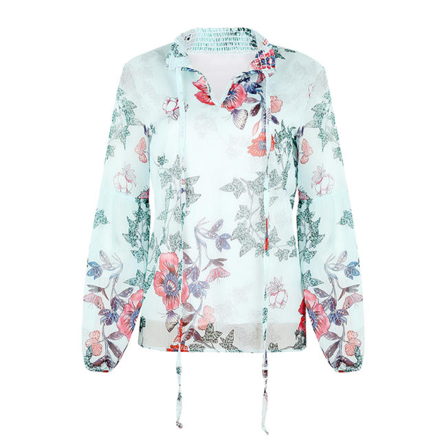 Loose Long Sleeve Tops Floral Printed Chiffon Shirt PQOM9118