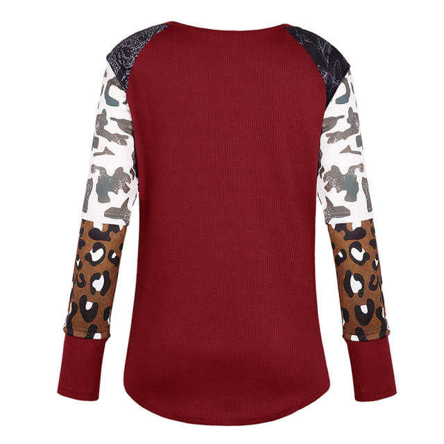 Long-sleeved Autumn Top Leopard Print T-shirt for Women PQOM9170C