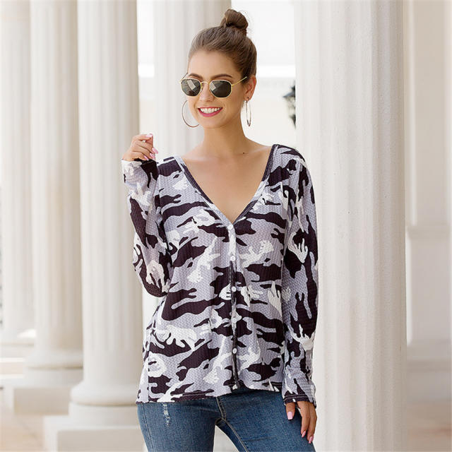 V-neck Tops Camouflage Printed Women T-shirt Long Sleeve Cardigan PQOM9116B