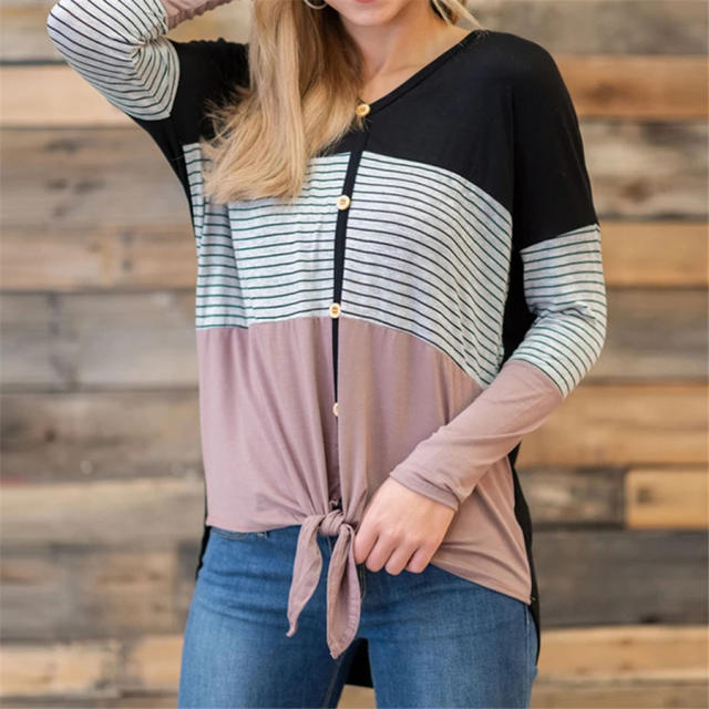 Contrast Color Autumn Shirt Long Sleeve Fall Casual Tops PQOM9167