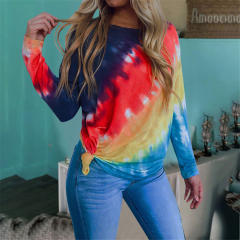 Contrast Color Loose Casual  T-shirt Tie-dye Printing Long-sleeved Tops PQOM9172