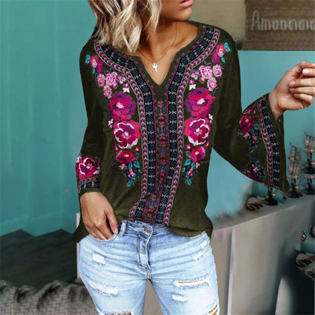 Long Sleeve Floral Printed T-shirt Loose Vintage Tops PQOM9171B