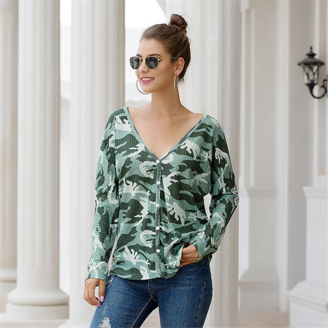 Camouflage Printed Women T-shirt Long Sleeve Cardigan V-neck Tops PQOM9116C